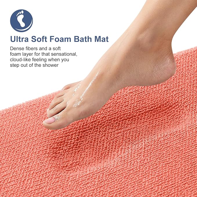 OLANLY Thick Memory Foam Bathroom Rugs 30x20, Absorbent Bath Mat, Coral | Soft Quick Dry Bath Rugs, Non-Slip, Machine Washable Carpet for Bathroom Floor, Tub and Shower, Home Decor Accessories