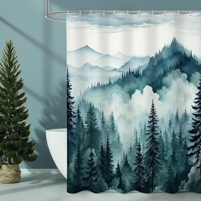 Litabel Peacock Blue Misty Pine Forest Shower Curtain, Mountain Foggy Woodland Scenery Tree Shower Curtains for Chic Rustic Bathroom, Abstract Modern Waterproof Nature-Themed Decor, 72x72 Inches