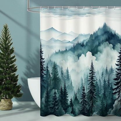Litabel Peacock Blue Long Misty Pine Forest Shower Curtain 72 x 78, Mountain Foggy Woodland Scenery Tree 78 Inch Long Shower Curtains for Bathroom, Abstract Waterproof Nature-Themed Decor