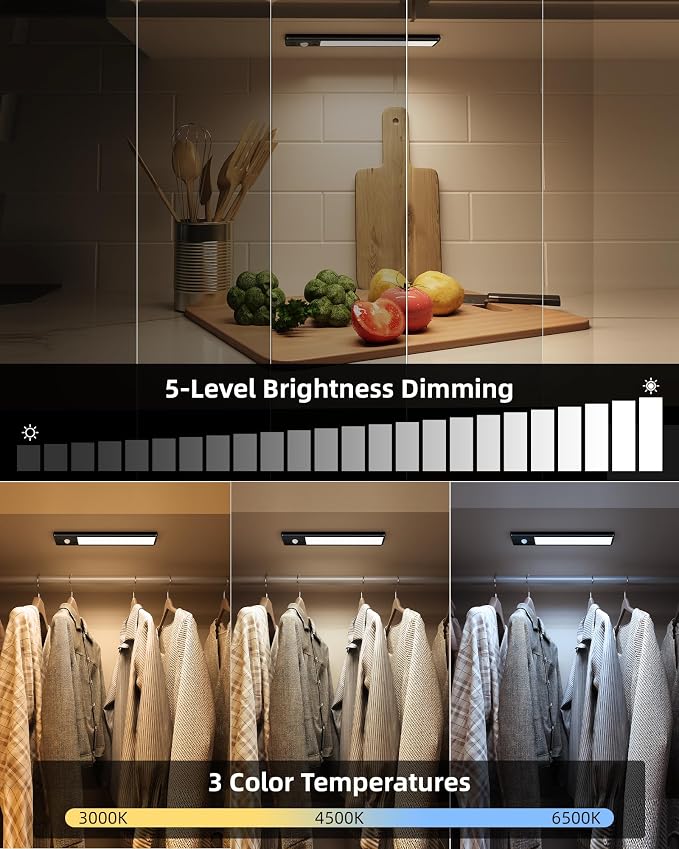 EZVALO 8" Under Cabinet Lighting, 2400mAh USB-C Rechargeable Motion Sensor Light, 3 Color Temps, 5-Level Dimmable Magnetic Wireless Closet Lights for Kitchen, Pantry, Stairs (2 Pack)