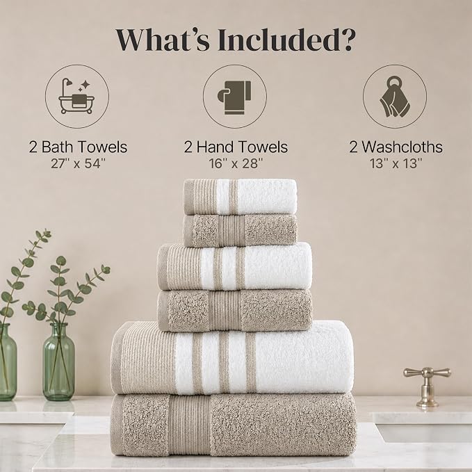 Modern Threads 6-Piece Towel Set – 100% Cotton, Quick Dry, Ultra Absorbent – Includes 2 Bath, 2 Hand, 2 Washcloths (White/Reinhart Tan)