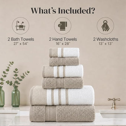 Modern Threads 6-Piece Towel Set – 100% Cotton, Quick Dry, Ultra Absorbent – Includes 2 Bath, 2 Hand, 2 Washcloths (White/Reinhart Tan)