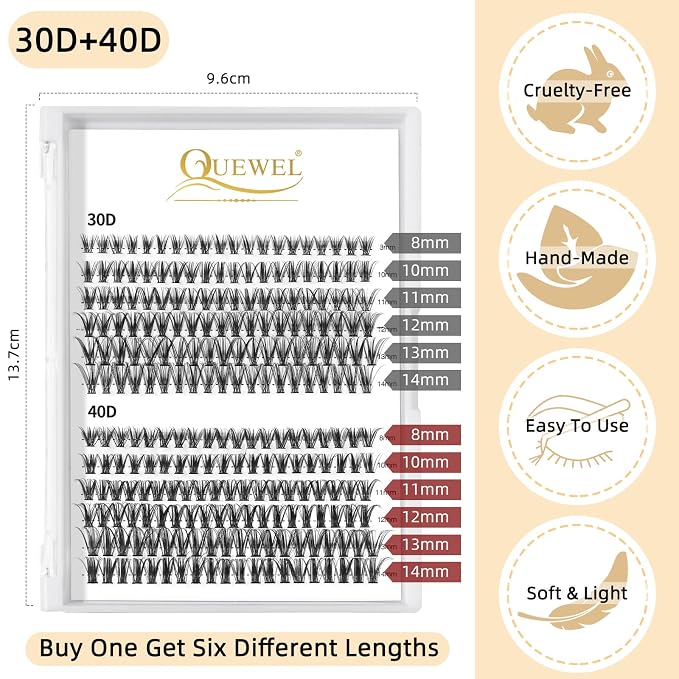 QUEWEL Cluster Lashes 240Pcs Individual Lashes 30D+40D C Curl Mix8-14mm | Lash Extensions Clusters Lashes Soft&Natural False Eyelashes Individual DIY Eyelash Extension at Home(30D+40D C MIX8-14)