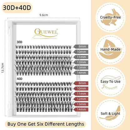 QUEWEL Cluster Lashes 240Pcs Individual Lashes 30D+40D C Curl Mix8-14mm | Lash Extensions Clusters Lashes Soft&Natural False Eyelashes Individual DIY Eyelash Extension at Home(30D+40D C MIX8-14)