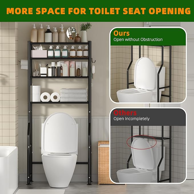 4-Tier Over Toilet Storage with Anti-Tilt Safety System - 150lb Total Capacity Metal Bathroom Shelves Including Paper Holder & 4 Hooks, Space Saving Above Commode Organizer (64" H, Black)