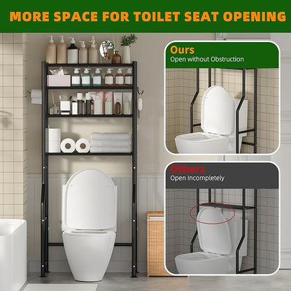 4-Tier Over Toilet Storage with Anti-Tilt Safety System - 150lb Total Capacity Metal Bathroom Shelves Including Paper Holder & 4 Hooks, Space Saving Above Commode Organizer (64" H, Black)