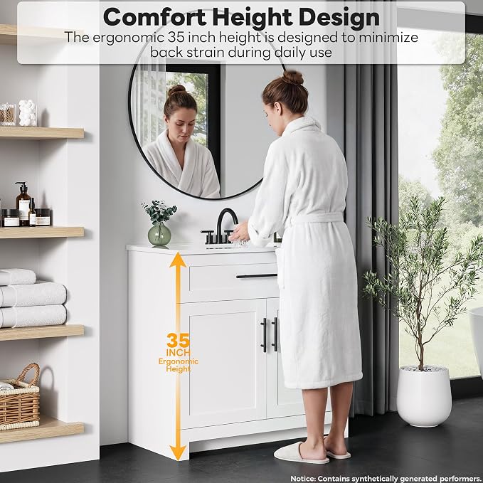 LIKIMIO 36" Bathroom Vanity with Sink, 1 U-Shaped Drawer & 2 Doors, White | Freestanding Bathroom Vanity, Integrated Ceramic Sink, Soft-Close Doors & Drawer, Modern Bathroom Storage Cabinet