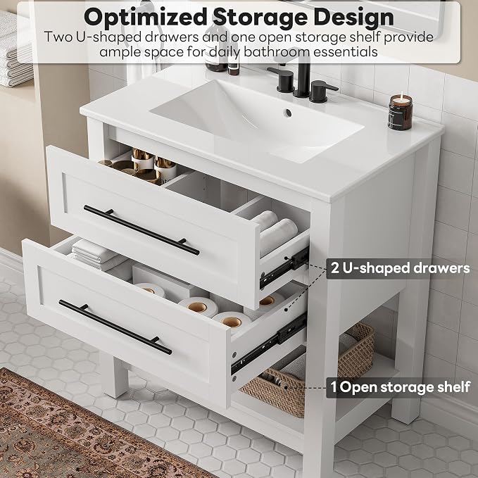 LIKIMIO 30" Bathroom Vanity with Sink, 2 Drawers & Open Shelf, White | Freestanding Bathroom Vanity, Integrated Ceramic Sink, U-Shaped Drawers, Modern Bathroom Storage Cabinet, Easy Assembly