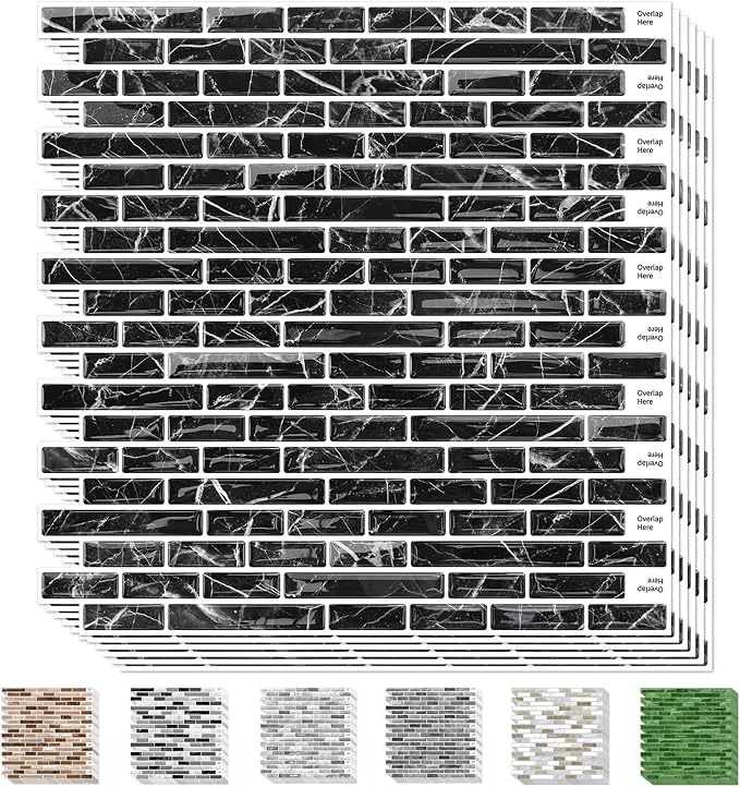URCOLOR 10-Sheet Peel and Stick Backsplash Tile for Kitchen - 12”×12” Stick on Wall Tile for Bathroom, Black