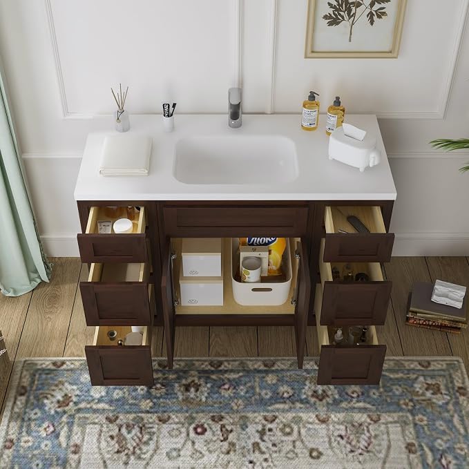 54 Inch Bathroom Vanity Base Only, Single Vanity Cabinet with 5 Dove-Tailed Drawers, Soft-Closing Doors, Brown, Without Top,Small