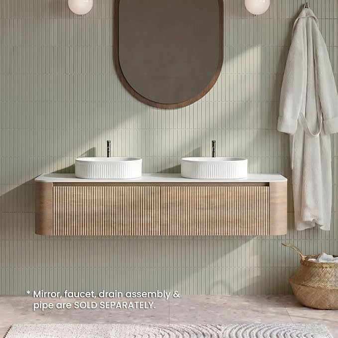 72" Preassembled Double Floating Bathroom Vanity with White Sink, Oak | Mid-Century Modern Style, Fluted & Soft-Close Drawer with U-shaped Wall, Sinterted Stone Countertop, Towel Rack Included