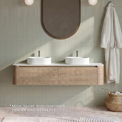 72" Preassembled Double Floating Bathroom Vanity with White Sink, Oak | Mid-Century Modern Style, Fluted & Soft-Close Drawer with U-shaped Wall, Sinterted Stone Countertop, Towel Rack Included