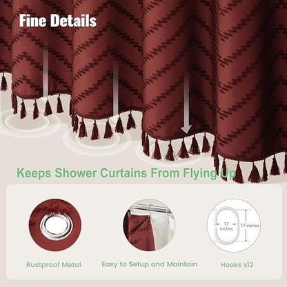 Dynamene Extra Long Shower Curtain and Liner Set - 84 inch Tall Boho Shower Curtain and Waterproof Clear Liner, Tufted Chevron Striped Tassel Shower Curtains for Bathroom, 12 Hooks, 72x84, Burgundy