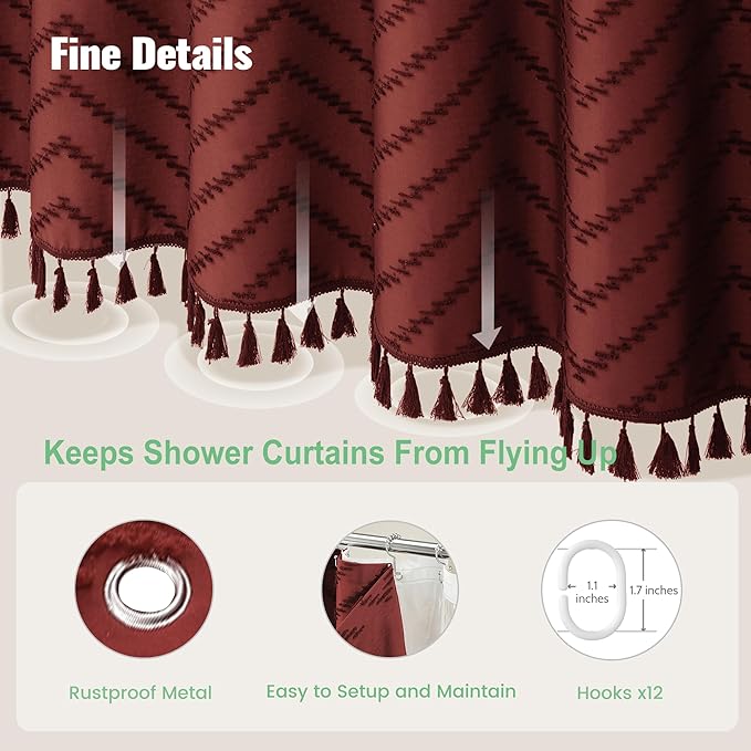 Dynamene Extra Long Shower Curtain and Liner Set - 96 inch Tall Boho Shower Curtain and Waterproof Clear Liner, Tufted Chevron Striped Tassel Shower Curtains for Bathroom, 12 Hooks, 72x96, Burgundy