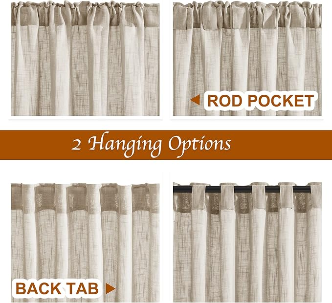 NICETOWN Sheer Curtains 84 inches Long, Linen Textured Rod Pocket & Back Tab Privacy Sheer Drapes with Light Through for Sliding Glass Door & Living Room Taupe, 52" Wide Per Panel, 1 Pair