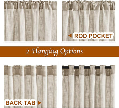 NICETOWN Sheer Curtains 84 inches Long, Linen Textured Rod Pocket & Back Tab Privacy Sheer Drapes with Light Through for Sliding Glass Door & Living Room Taupe, 52" Wide Per Panel, 1 Pair