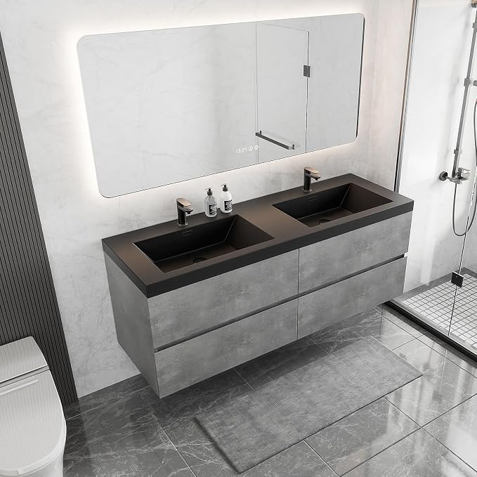 60 Inch Floating Bathroom Vanity with Double Sink, Modern Grey Wall Mounted Floating Vanity with Scratch-Resistant Quartz Sand Basin and 4 Soft Closing Drawers, Pre Assembled Bathroom Vanity