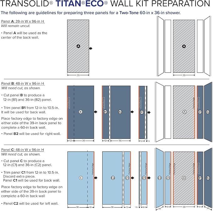 Transolid TWKE603696-KI03G Titan 60-in x 36-in x 96-in Eco Shower Wall Kit, Black Caruso (Glossy)