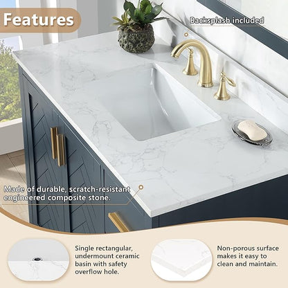 Ceres 43" Engineered Stone Vanity Top in Grain White with Single White Sink