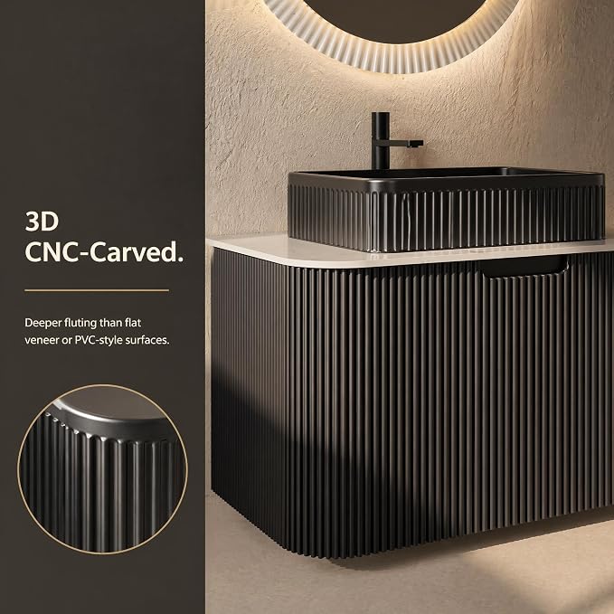 36 Inch Bathroom Vanity with Sink, Floating Wall Mounted Single Sink Vanity, Black Curved Fluted Front, Stone Top, Black Textured Rectangular Vessel Basin, Pre-Assembled