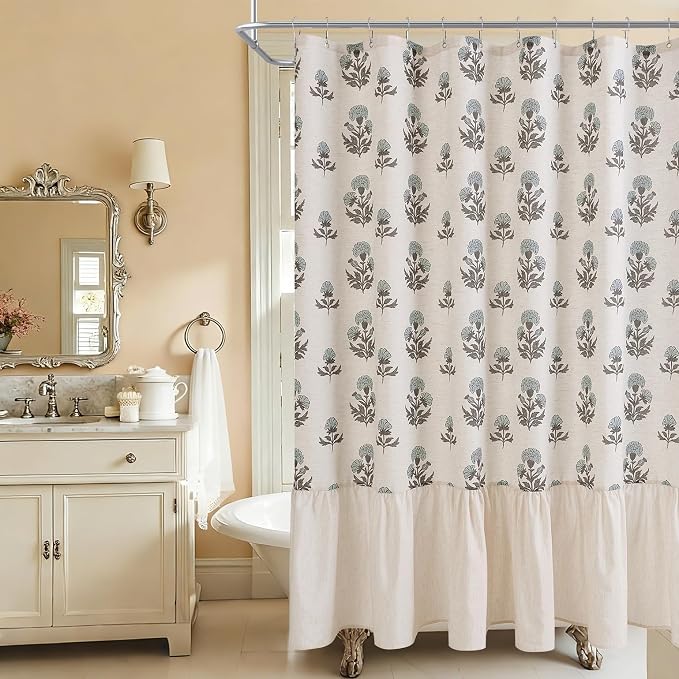 ORTIGIA Linen Textured Ruffle Shower Curtain with Metal Hooks, Vintage Blue Floral Block Print Boho Waterproof Bath Curtain for Rustic Farmhouse Bathroom Decor 72x72 Inch