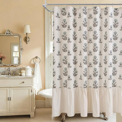 ORTIGIA Linen Textured Ruffle Shower Curtain with Metal Hooks, Vintage Blue Floral Block Print Boho Waterproof Bath Curtain for Rustic Farmhouse Bathroom Decor 72x72 Inch