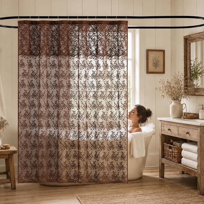 TUDECO Lace Brown Shower Curtain with Attached Valance, 72 x 72 Inch | Chocolate Brown, Cottagecore, Floral Pattern, Autumn Cozy Bathroom Decor, Scalloped Edges, Soft Light, Semi- Privacy