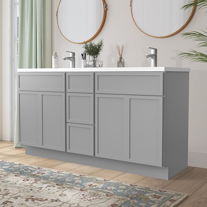 HomeBeyond 60 Inches Bathroom Vanity Base Cabinet Without Sink, Double Sink Top Sturdy Floor Mounted Cabinet with Door & Soft Closing Drawers,Grey, VA4124-2+VA4112-3