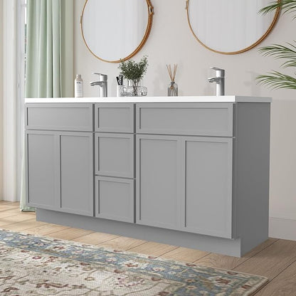 HomeBeyond 60 Inches Bathroom Vanity Base Cabinet Without Sink, Double Sink Top Sturdy Floor Mounted Cabinet with Door & Soft Closing Drawers,Grey, VA4124-2+VA4112-3