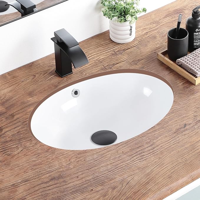 Undermount Bathroom Sink 20.5"x15.4" Oval White Ceramic with Overflow | Porcelain Ceramic Bathroom Sinks Under Counter Basin 20 Inch