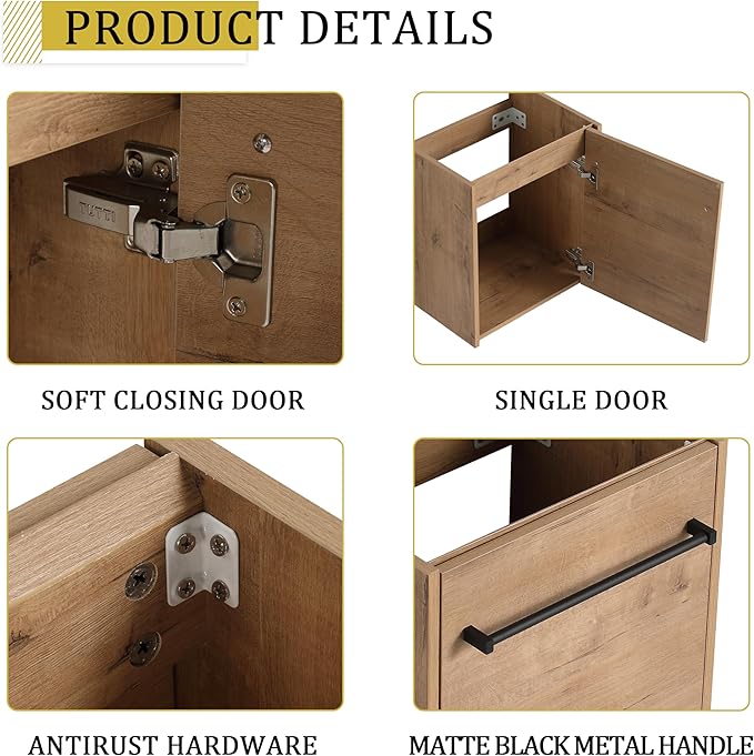 KEIKI 18'' Bathroom Vanity Cabinet with Sink, Wall Mounted Floating Bathroom Vanity with Soft-Close Cabinet Door, for Small Bathroom, Imitative Oak
