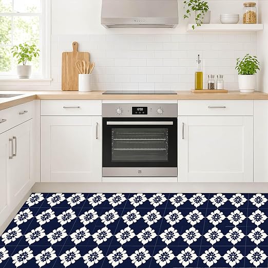 Navy Floral Peel and Stick Floor Tiles 12x12 Inch 10PCS | Navy blue and white floral tile pattern vinyl floor stickers for kitchen bathroom entryway and indoor home decor