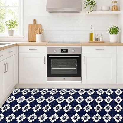Navy Floral Peel and Stick Floor Tiles 12x12 Inch 10PCS | Navy blue and white floral tile pattern vinyl floor stickers for kitchen bathroom entryway and indoor home decor