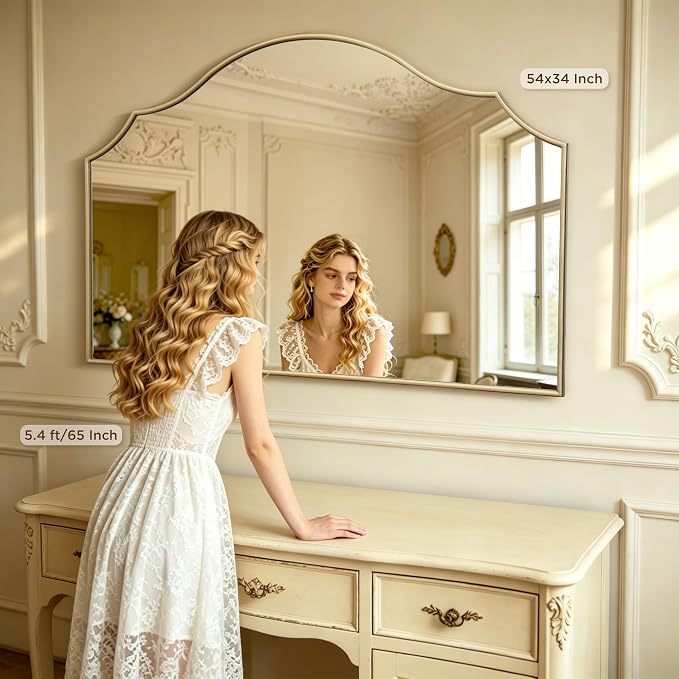 Besdomus Gold Scalloped Wall Mirror: 54"x34" Oversized Wooden Arched Mirror | Modern Minimalist Decorative Mirror for Fireplace/Bathroom/Bedroom/Entryway/Living Room/Dining Room/Vanity/Dresser/Over Sink