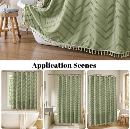 Extra Long Light Green Boho Shower Curtain, Chic Tufted Chevron Striped Textured Fabric Cloth Shower Curtains with Tassel for Bathroom, Soft Hotel Style Farmhouse, Machine Washable, 72x84