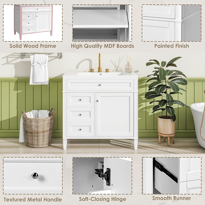 Merax 36 Inch Bathroom Vanity with Top Sink, Modern Bathroom Storage Cabinet with 2 Drawers and a Tip-Out Drawer, Solid Wood Frame Single Sink Bath Vanities, White