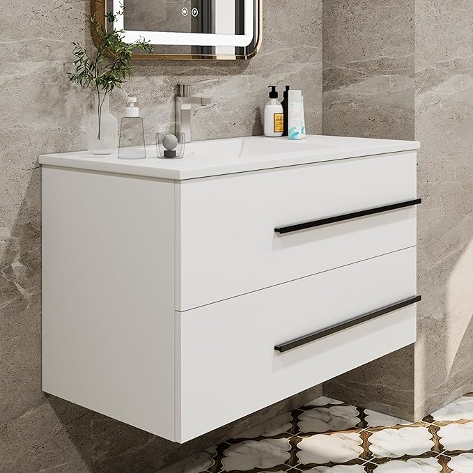 36" Floating Bathroom Vanity, Modern Wall Mounted Bathroom Vanity Storage Cabinet with Double Drawers & Black Handles,Bathroom Sink Cabinet for Small Space Luxury (White Without Sink, 36")