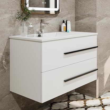 36" Floating Bathroom Vanity, Modern Wall Mounted Bathroom Vanity Storage Cabinet with Double Drawers & Black Handles,Bathroom Sink Cabinet for Small Space Luxury (White Without Sink, 36")