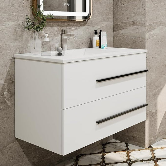 36" Floating Bathroom Vanity, Modern Wall Mounted Bathroom Vanity Storage Cabinet with Double Drawers & Black Handles,Bathroom Sink Cabinet for Small Space Luxury (White Without Sink, 36")