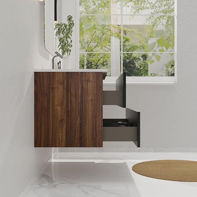 24'' Floating Bathroom Vanity with Sink Combo, Modern Bathroom Cabinet with 2-Soft Close & Large Storage Drawers, for Small Space, Apartment, Hotel, Black and Walnut