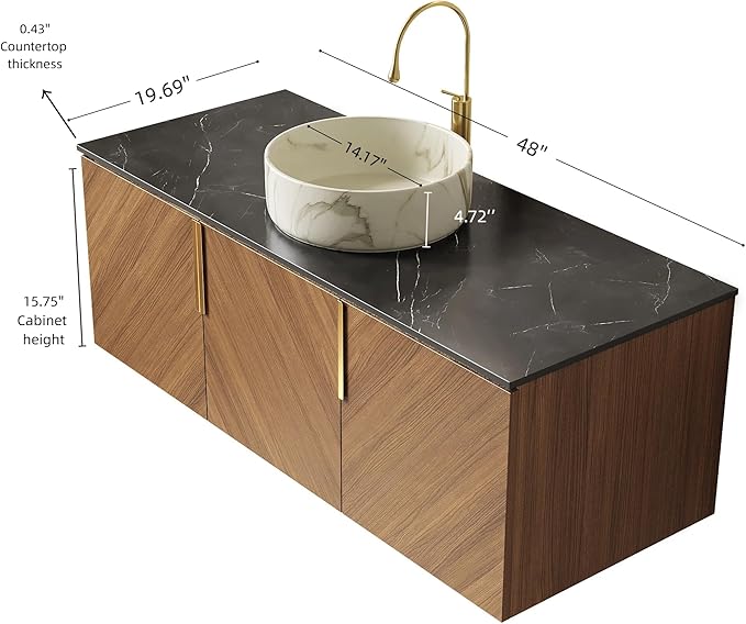 48 Inch Bathroom Vanity with Single Sink, Floating Bathroom Vanity with Vessel Sink, Modern Bathroom Vanity Cabinet with 3 Doors, Sintered Stone Countertop and Stone-Patterned Basin,Brown Oak