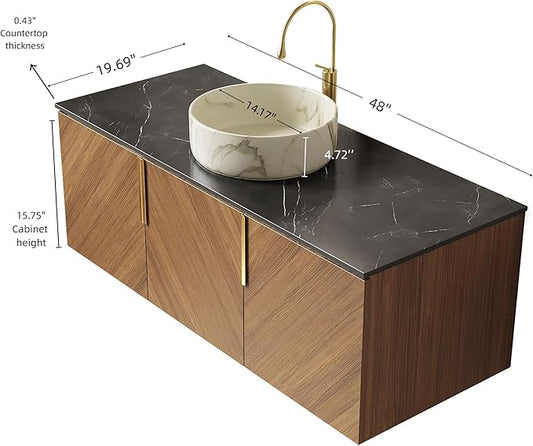 48 Inch Bathroom Vanity with Single Sink, Floating Bathroom Vanity with Vessel Sink, Modern Bathroom Vanity Cabinet with 3 Doors, Sintered Stone Countertop and Stone-Patterned Basin,Brown Oak