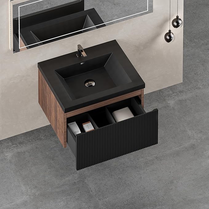 24'' Floating Bathroom Vanity with Sink Combo, Modern Wall-Mounted Striped Bathroom Storage Cabinet with Soft-Close Drawers and Black Quartz Sand Basin, No Assembly Required