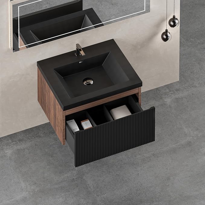 24" Floating Bathroom Vanity with Sink, Wall-Mounted Smoked Walnut Storage Cabinet, Wave-Textured Soft-Close Drawer & Matte Black Quartz Sand Basin