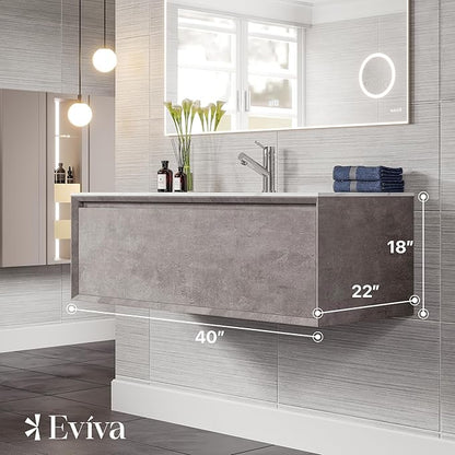 Eviva Aurora 40 in. Concrete Gray Wall Mount Single Sink Bath Vanity with Carrara Quartz Top