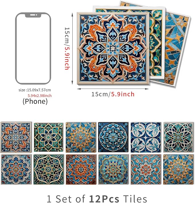 6x6 in Wall Tile Decals Stick on Backsplash for Kitchen,12Pcs | 1.6mm-Thick FOAM+PE Tile Stickers,Self-adhesive Tiles Bathroom,Cabinets,RVs