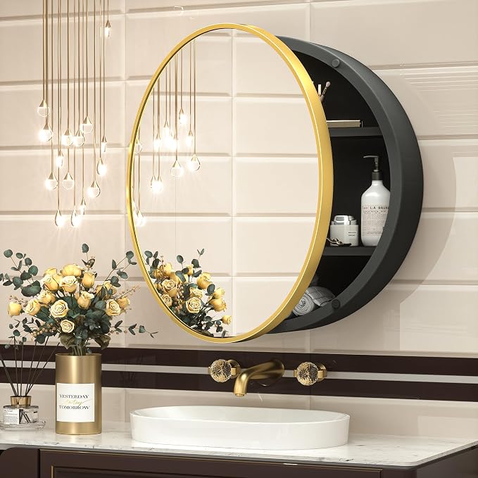 TokeShimi 20 Inch Round Gold Framed Medicine Cabinet for Bathroom with Vanity Mirror Small Metal Bathroom Mirrored Cabinet for Wall Mounted Only Circle Farmhouse Medicine Cabinet Detachable Shelves