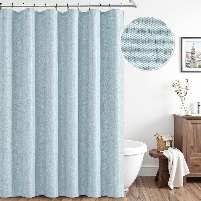 ANRODUO Fog Blue Extra Long Linen Fabric Shower Curtain Set - W72xL108 | Farmhouse Shower Curtain with 12 Metal Hooks, Waterproof Heavy Duty, Button Hole Design, Machine Washable for Bathroom
