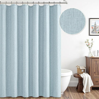 ANRODUO Fog Blue Extra Long Linen Fabric Shower Curtain Set - W72xL108 | Farmhouse Shower Curtain with 12 Metal Hooks, Waterproof Heavy Duty, Button Hole Design, Machine Washable for Bathroom
