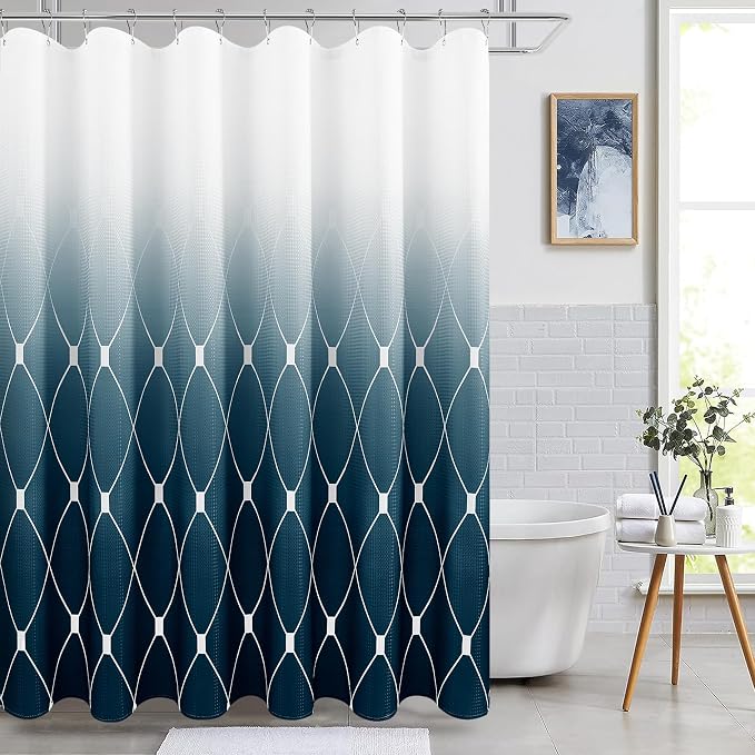 Navy and White Ombre Shower Curtain Set for Bathroom,Geometric Pattern Bathroom Curtains with 12 Hooks,Waterproof Shower Curtain, Durable and Machine Washable, 72 x 78 inches, Navy Blue